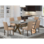 East West Furniture X797Ab747-7 7 Piece Dining Table Set Consist Of A Rectangle Dining Room Table With X-Legs And 6 Light Sable Linen Fabric Upholstered Chairs, 40X72 Inch, Multi-Color