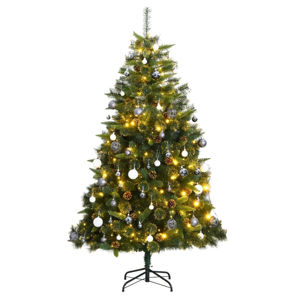 Vidaxl Artificial Hinged Christmas Tree With 300 Led Lights & Ball Set  Green, 70.9 Height, Lifelike Pe Tips, Cones Decorati