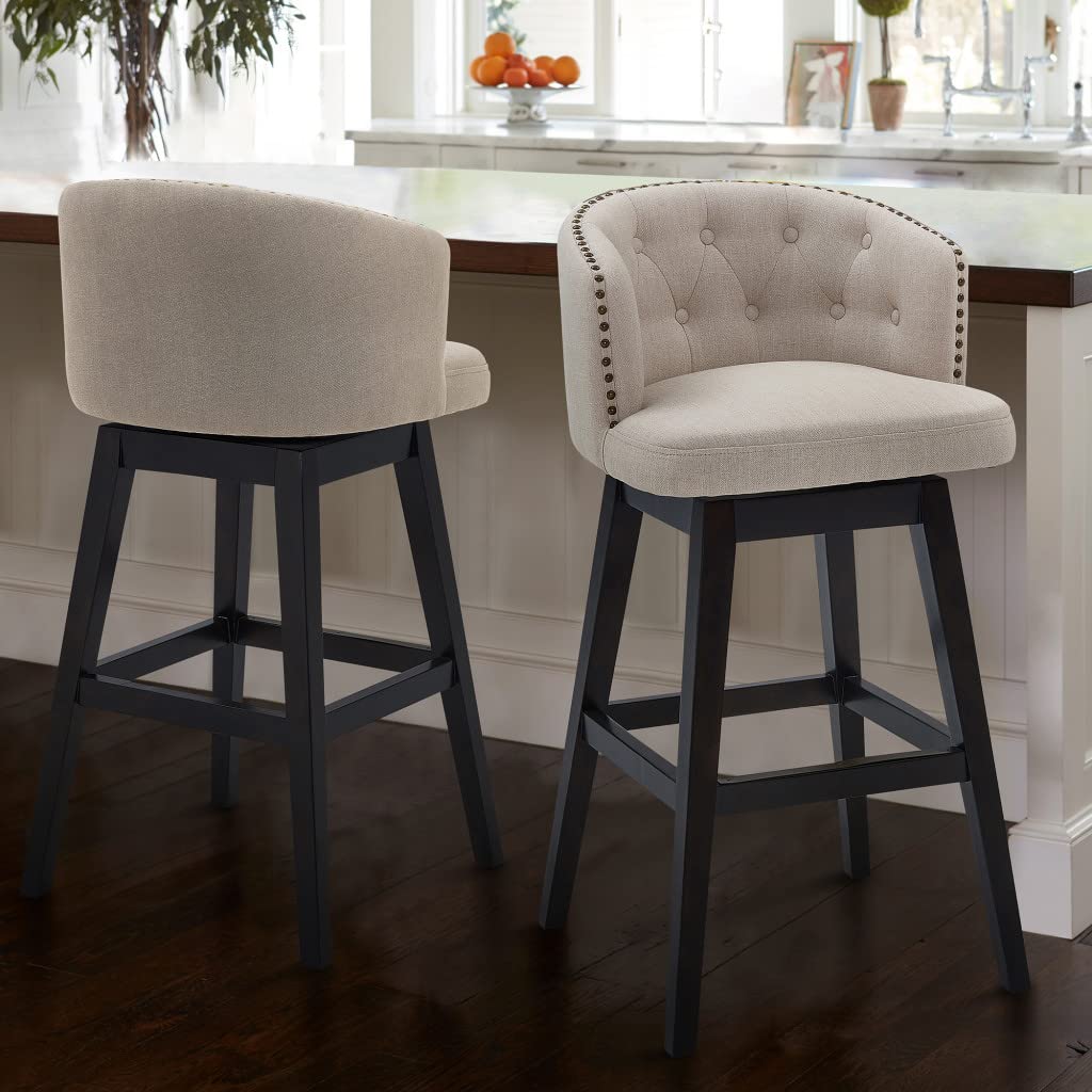 HomeRoots Wood, Foam, Fabric, Metal Turnplate/Kickplate 26' Tan Tufted Fabric and Dark Espresso Wood Swivel Bar Stool