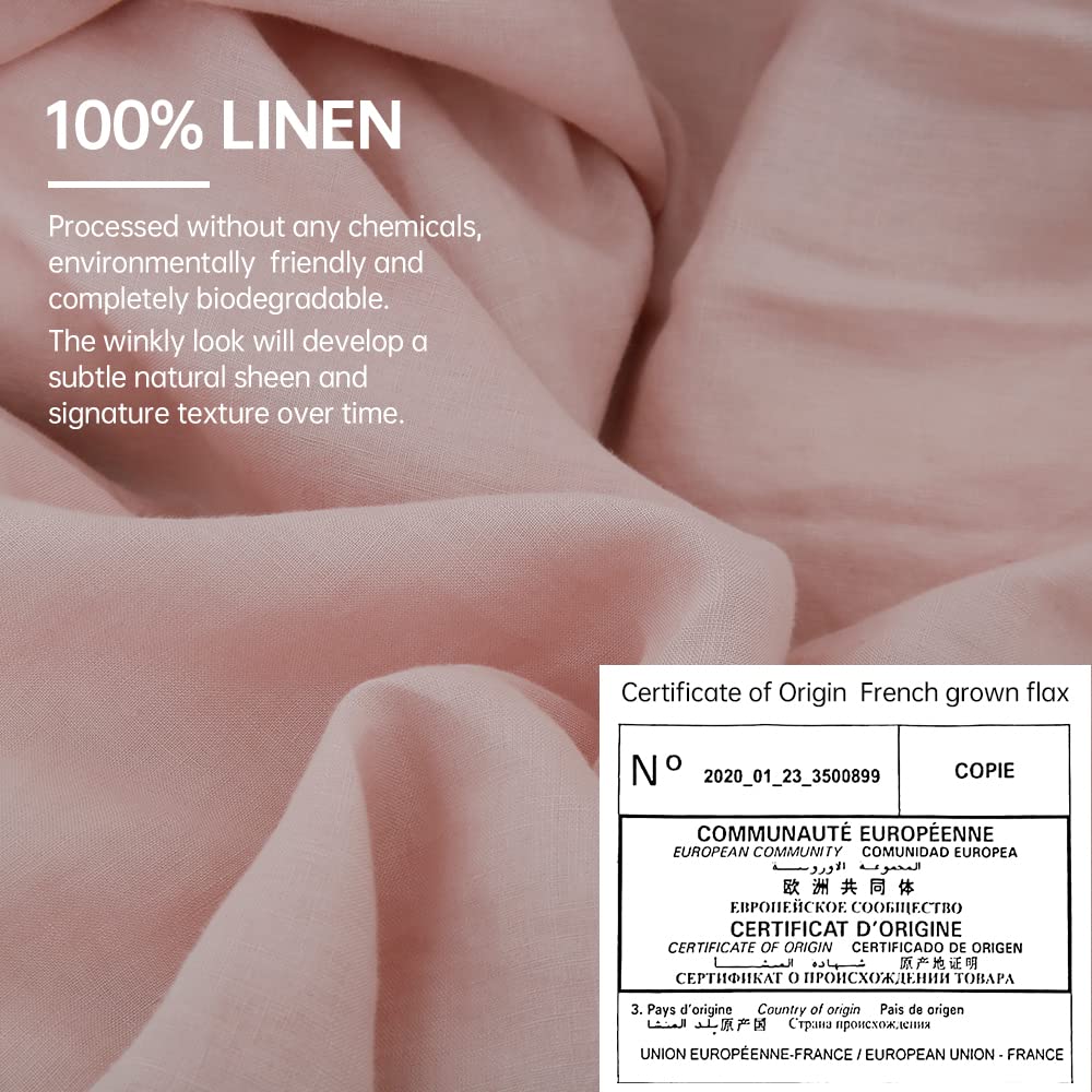 Simple&Opulence 100% Linen Duvet Cover Set, 3 Pcs Pure Natural French Flax Blush Pink Duvet Cover King Size, Breathable Soft Com