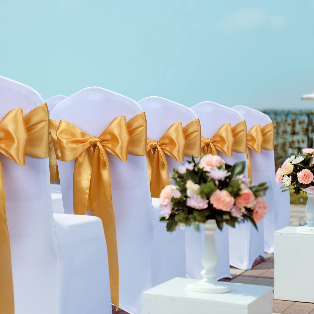 Satin Chair Sashes Ties - Babenest Upgraded 50 Pcs Chair Ribbons Bows For Wedding Banquet Party Christmas Baby Shower Events Decoration (Gold)