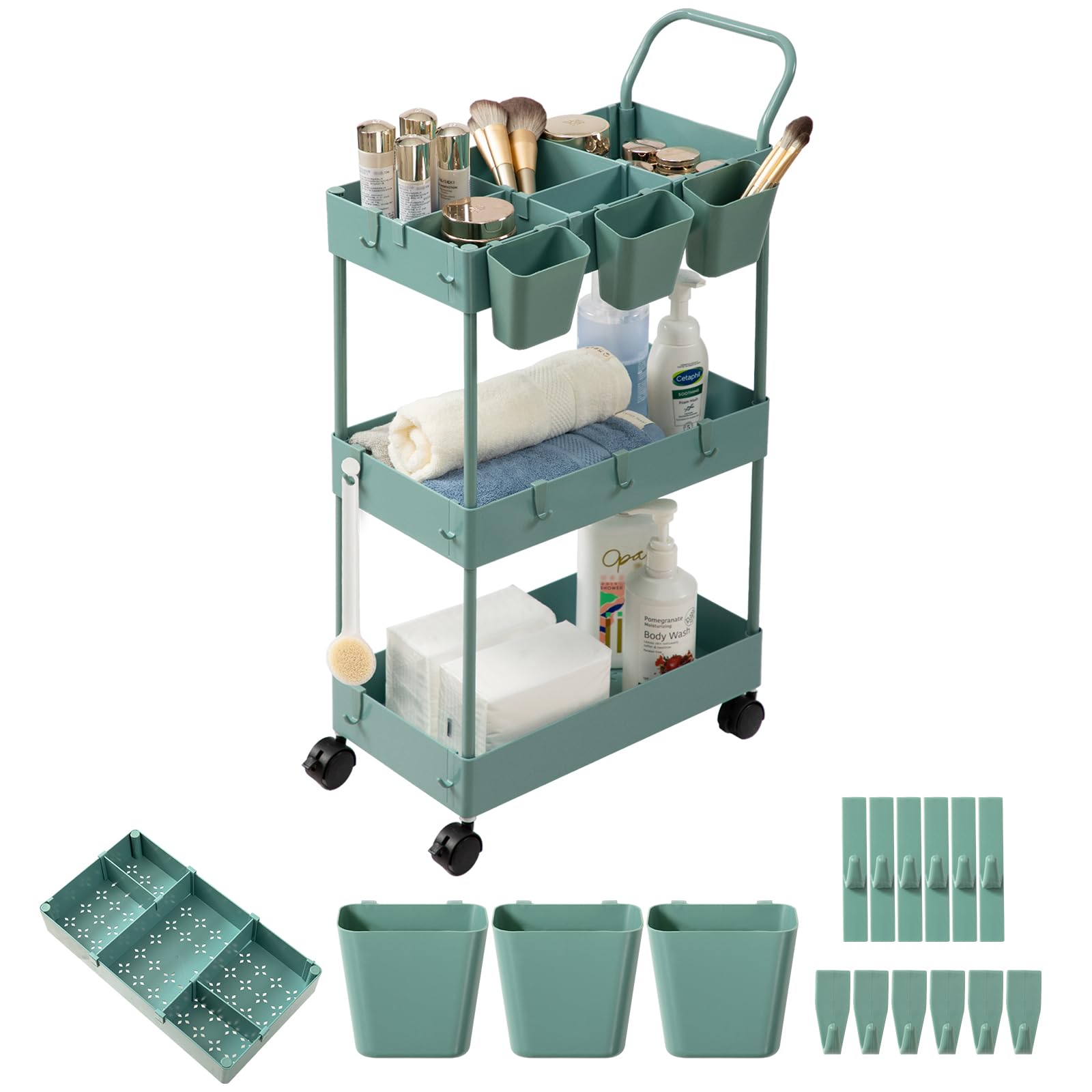 Danpinera 3 Tier Bathroom Cart Organizer - Slim Laundry Cart With Wheels, Dividers, Hanging Cups, Hooks, Easy Assembly, Green