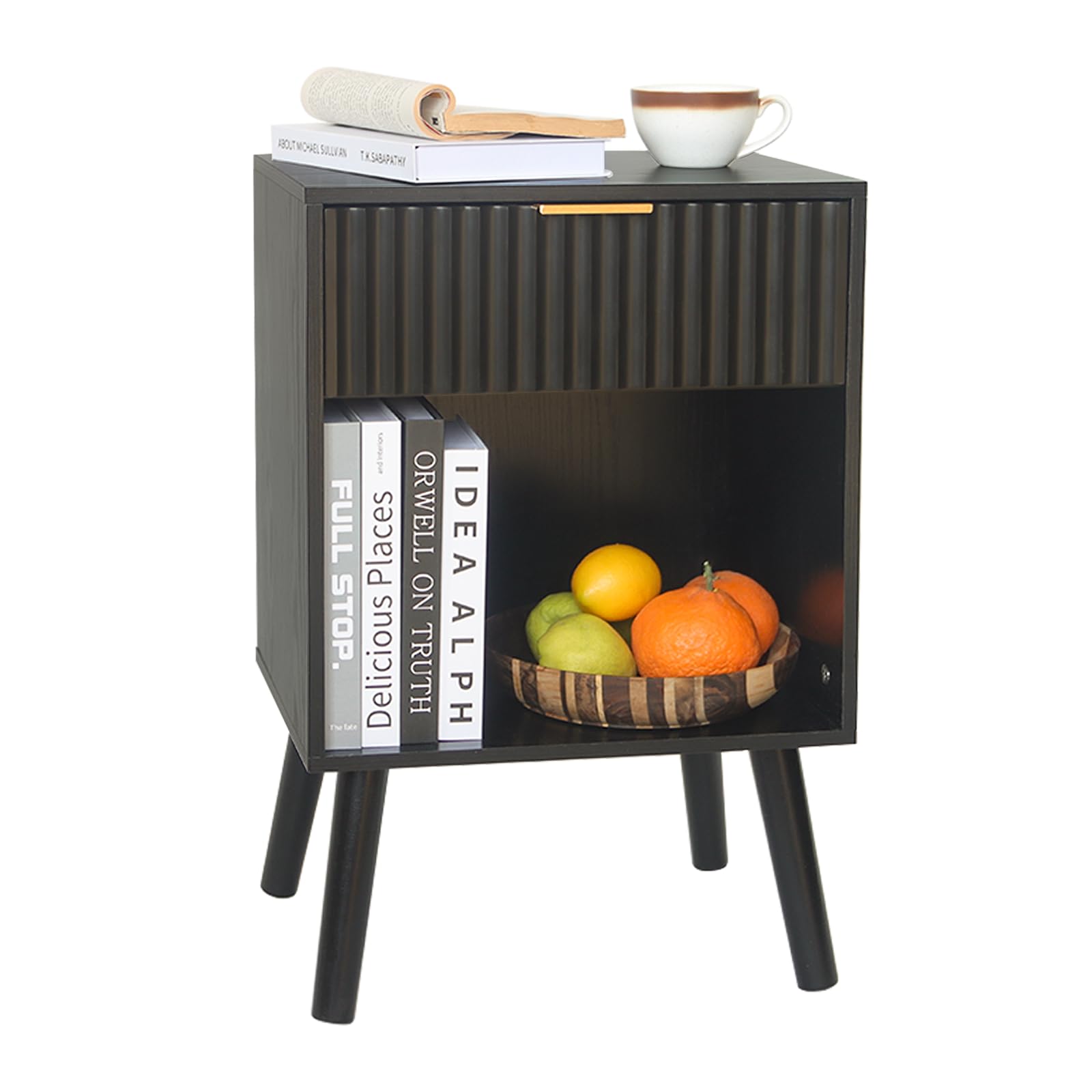 Fultyle Black Fluted Nightstand, Modern Bedside Table With Drawer And Opening Storage, End Side Table Living Room With Solid Woo