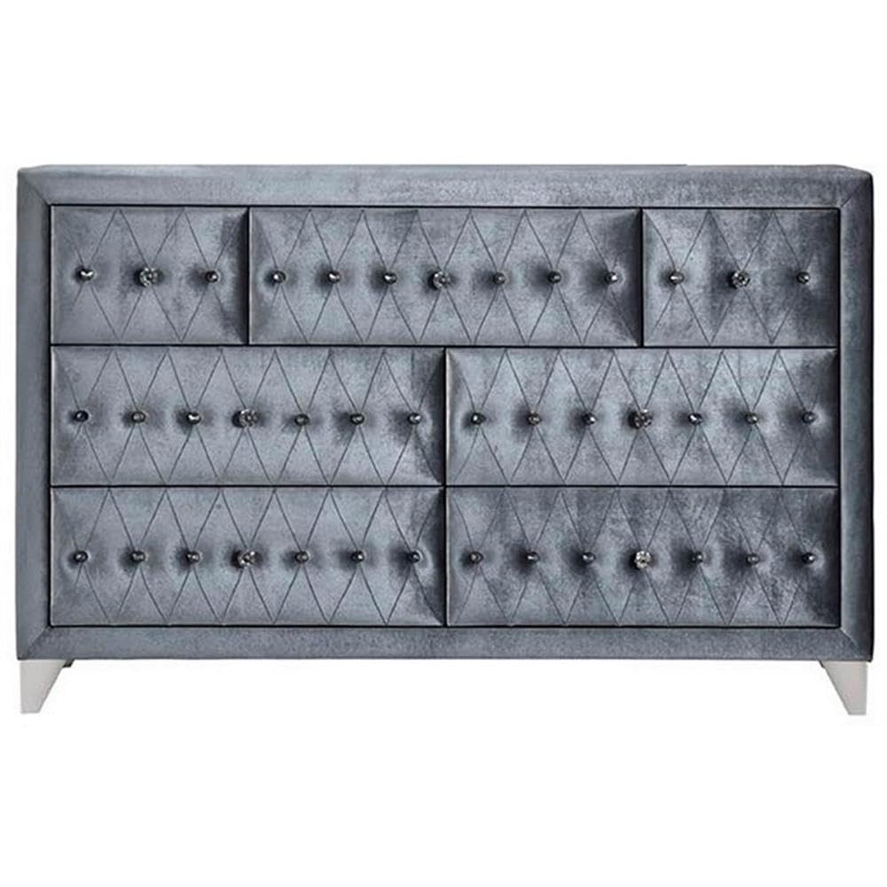 Acme Dante Crystal-Like Knob Velvet Upholstered 7-Drawer Dresser In Gray