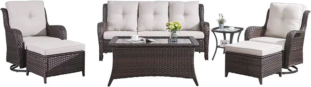 Hummuh Patio Furniture Set 7 Pieces Wicker Outdoor Sectional Sofa With Swivel Rocker Chairs,Coffee Side Table,Outdoor Ottomans For Patio