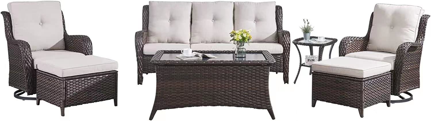 Hummuh Patio Furniture Set 7 Pieces Wicker Outdoor Sectional Sofa With Swivel Rocker Chairs,Coffee Side Table,Outdoor Ottomans For Patio