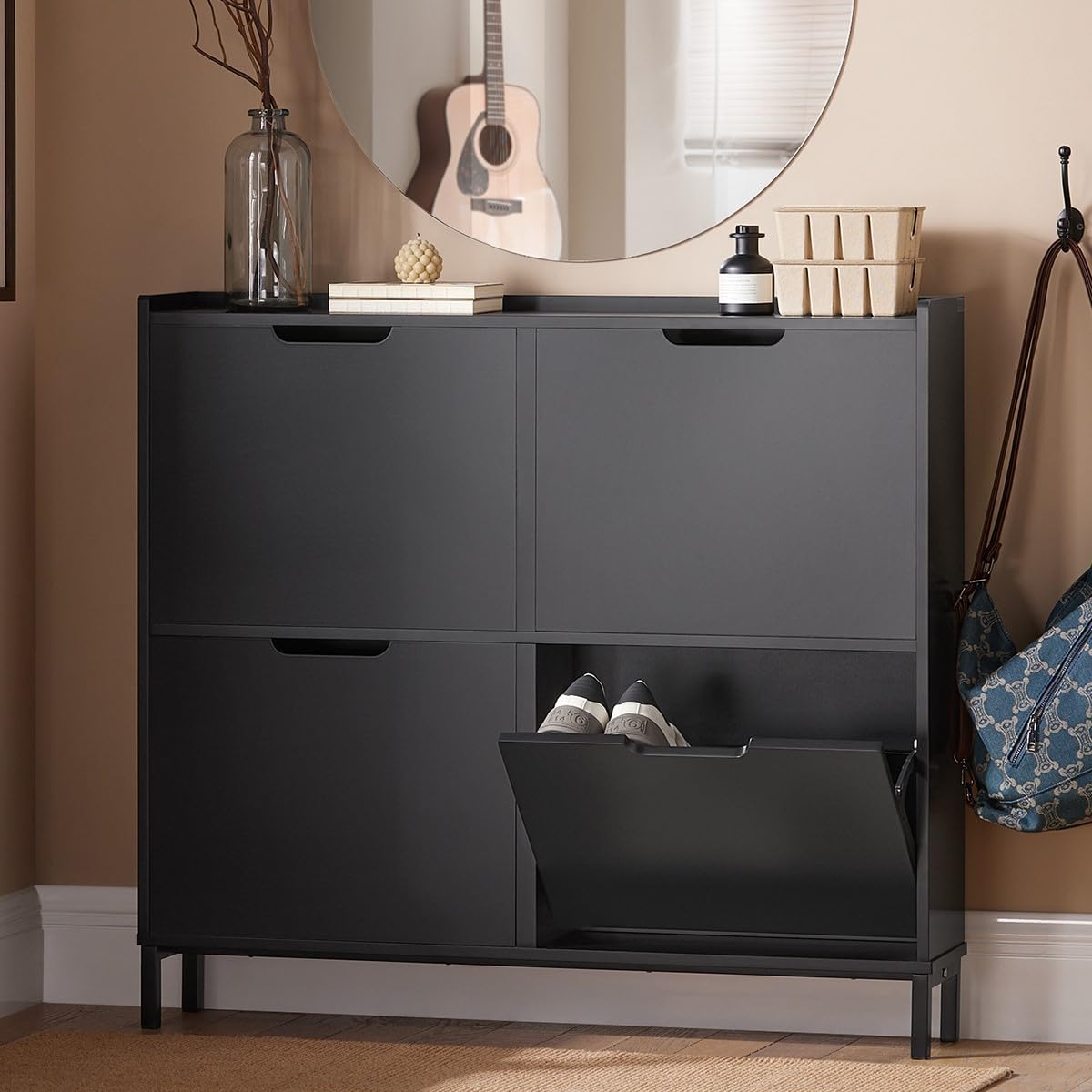 Haotian Black Shoe Cabinet with 4 Flip-Drawers, Narrow Freestanding Shoe Rack, Slim Shoe Organiazer Entryway, FSR100-W, 7.5 D x 