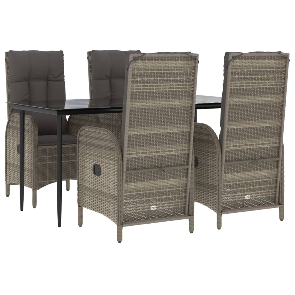 Vidaxl 5-Piece Patio Dining Set - Black/Gray Poly Rattan, Reclining Chairs With Cushions, Tempered Glass Tabletop For Outdoor/Garden