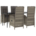 vidaXL 5-Piece Patio Dining Set - Black/Gray Poly Rattan, Reclining Chairs with Cushions, Tempered Glass Tabletop for Outdoor/Ga