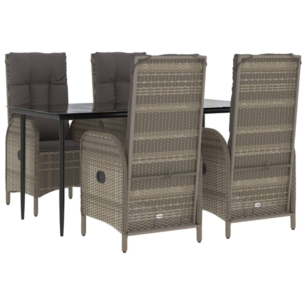 vidaXL 5-Piece Patio Dining Set - Black/Gray Poly Rattan, Reclining Chairs with Cushions, Tempered Glass Tabletop for Outdoor/Ga