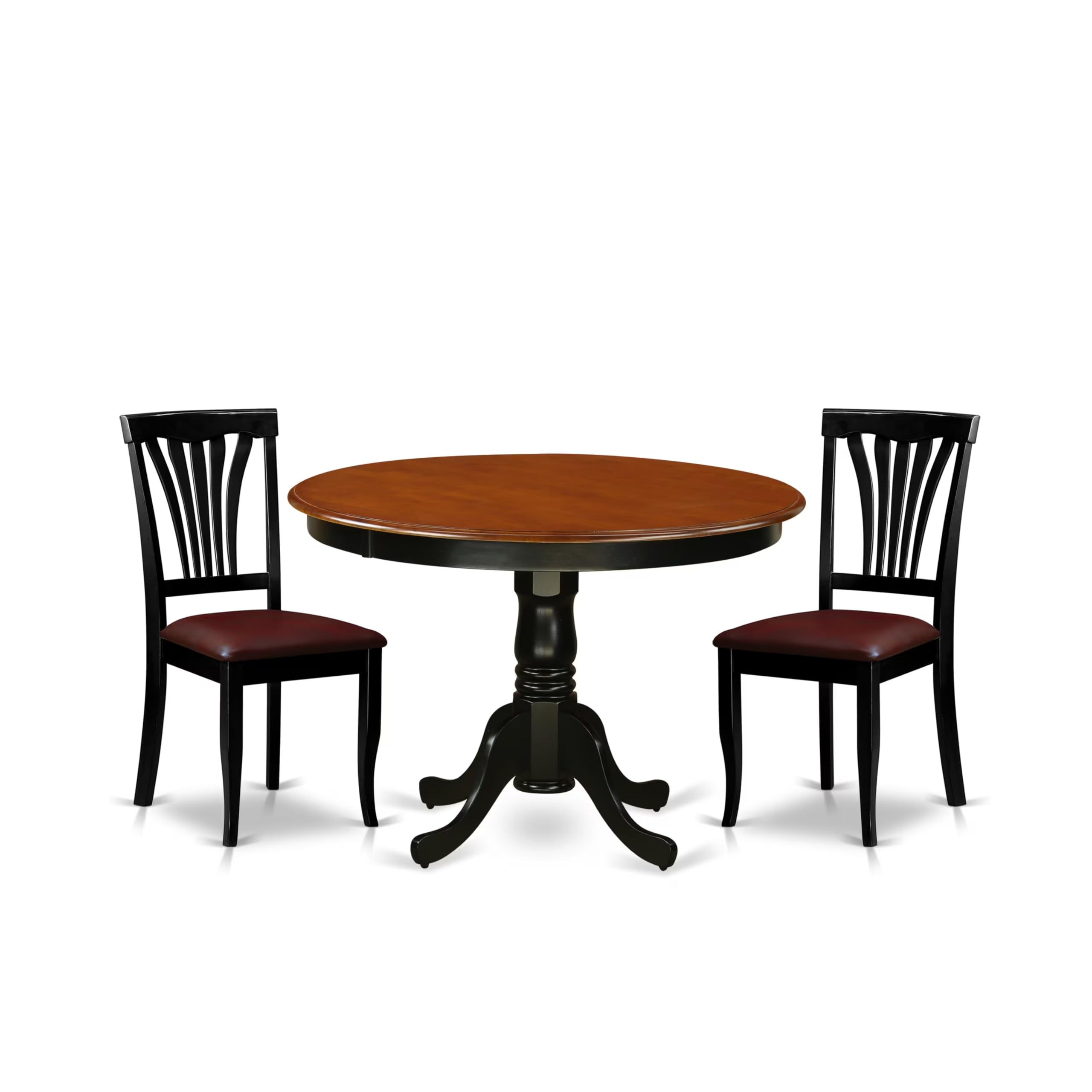 East West Furniture HLAV3-BCH-LC 3 Piece Dinette Set for Small Spaces Contains a Round Dining Table with Pedestal and 2 Faux Leather Dining Room Chairs, 42x42 Inch, Black & Cherry