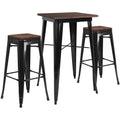 Flash Furniture 23.5 Square Metal Bar Table Set with Wood Top and 2 Backless Stools, Black
