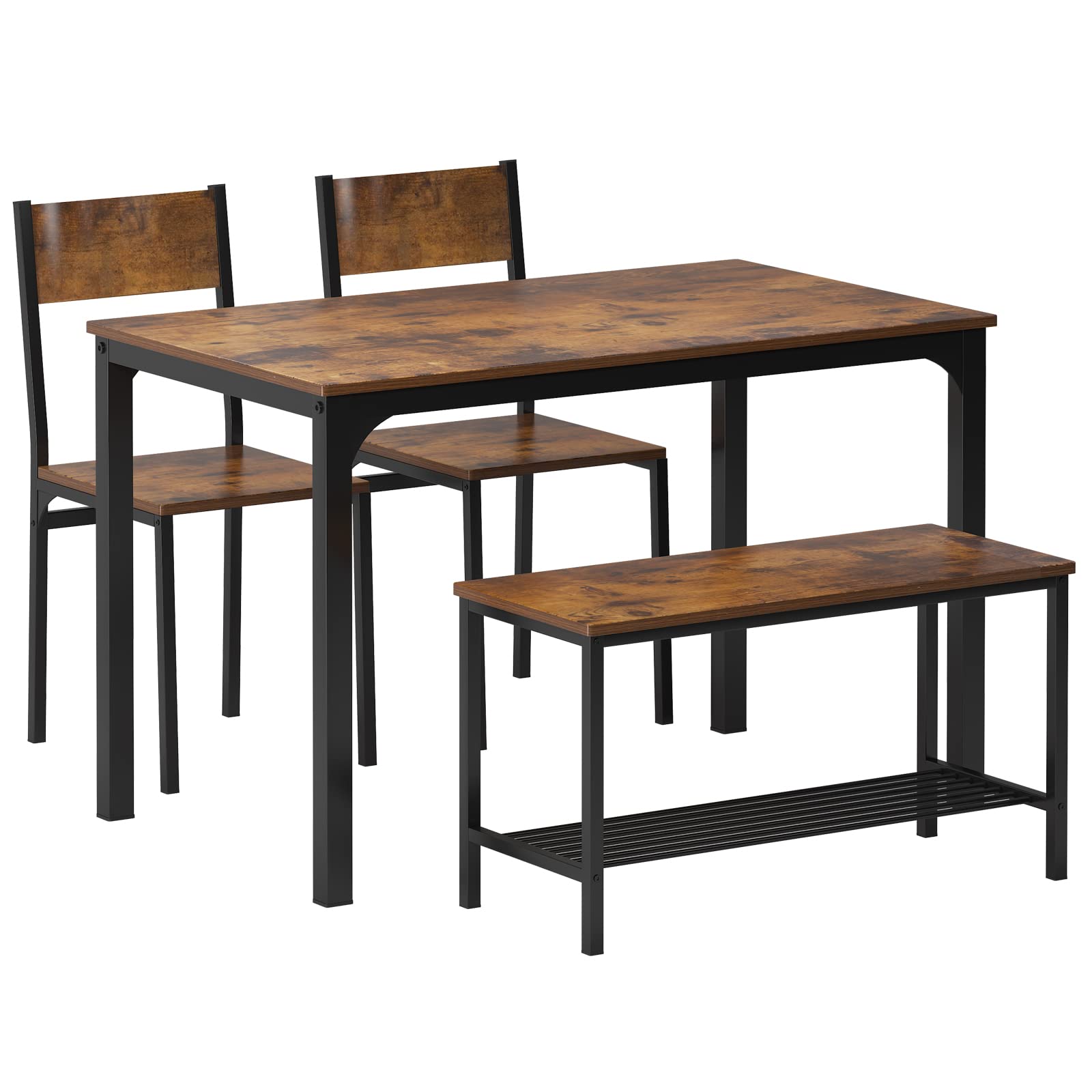 soges 4 Pieces Dining Table Set, 43.3 inch Kitchen Table Set for 4, Dining Set with 2 Chairs and Bench with Storage Rack, Nestin