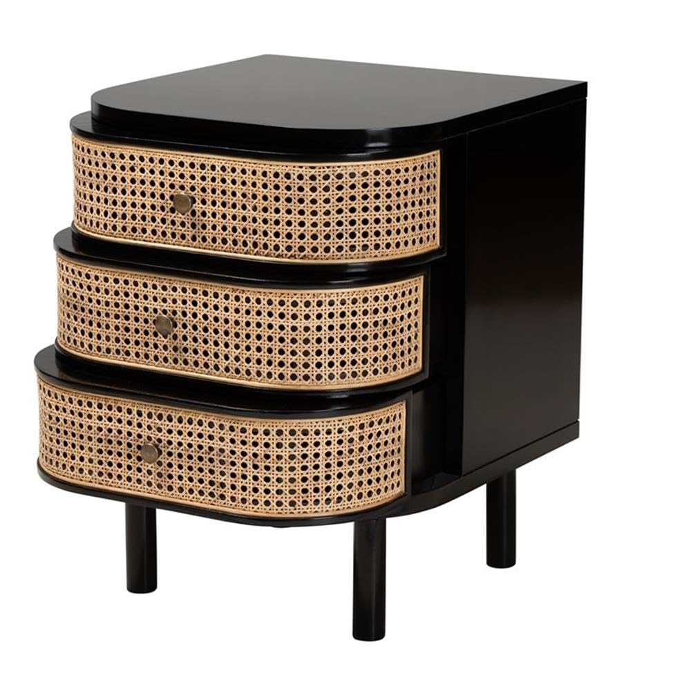 Baxton Studio Nabila Modern Bohemian Black Bayur Wood and Natural Rattan 3-Drawer End Table Nightstand Black/bayur Wood