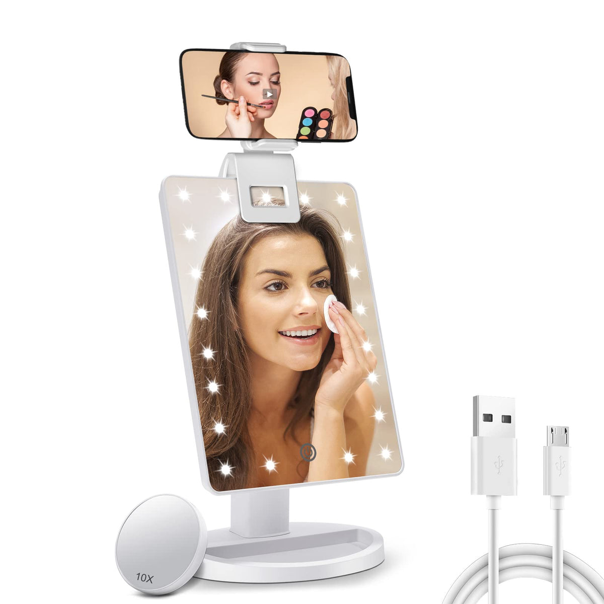 Lighted Makeup Vanity Mirror with Phone Holder and 10X Magnifying Mirror, 21 LED Lighted Mirror with Touch Sensor Dimming, 180Ad