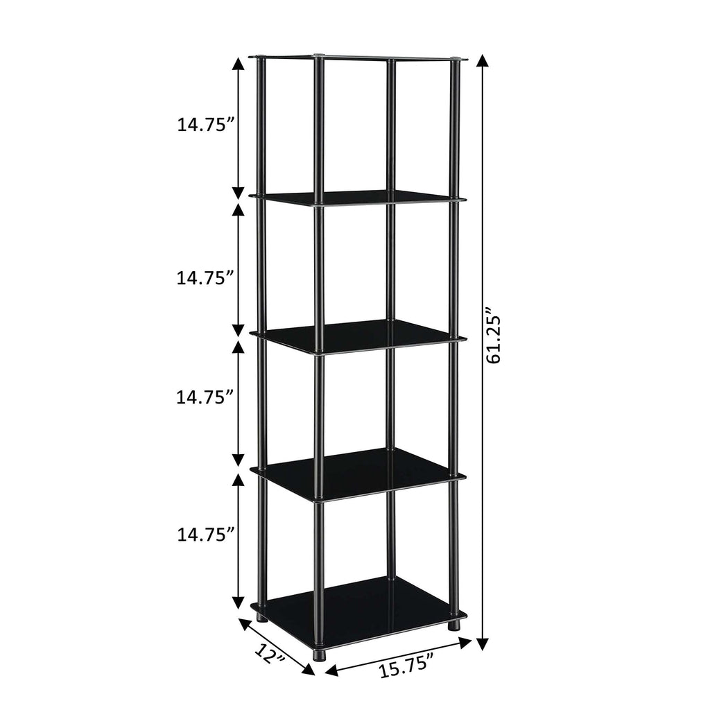 Convenience Concepts Designs2Go Classic Glass Shelves 15.75" - 5-Tier Glass Tower Room Décor, Modern Shelves for Storage and Display in Living Room, Bathroom, Bedroom, Office, Black Glass