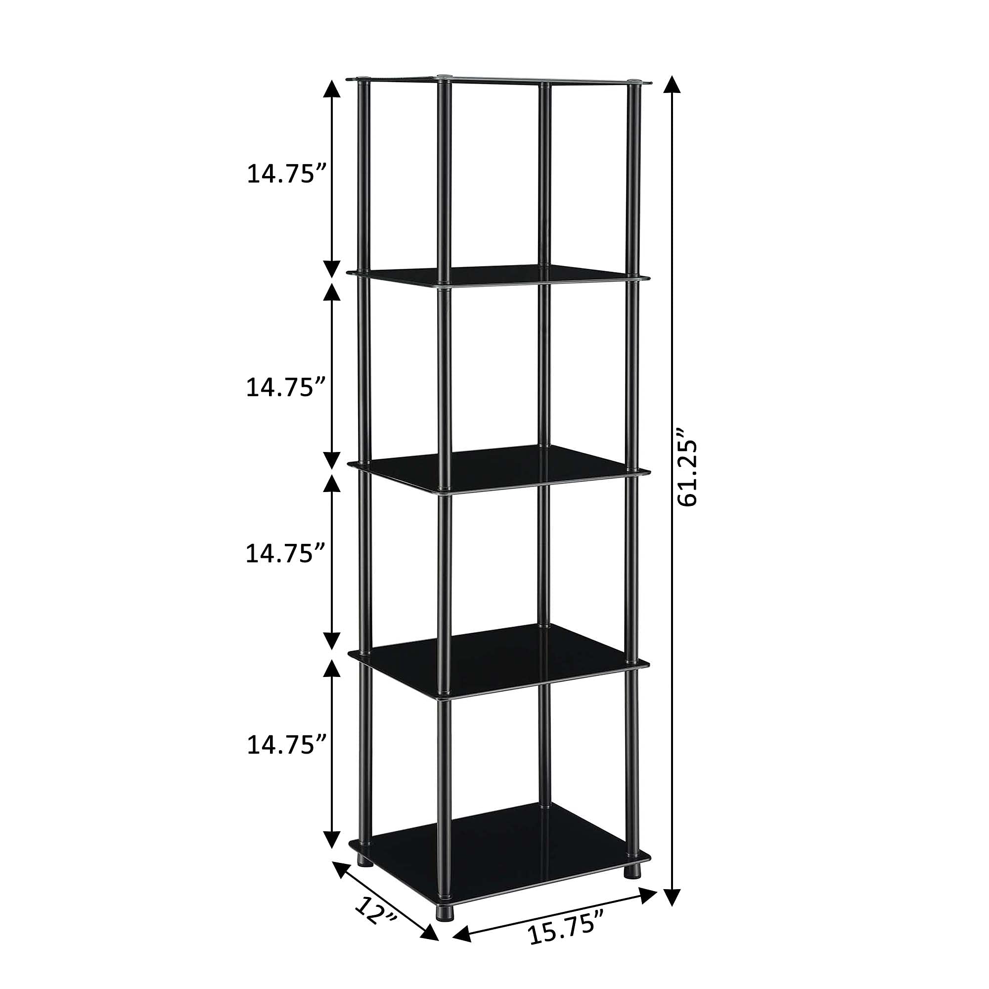 Convenience Concepts Designs2Go Classic Glass Shelves 15.75" - 5-Tier Glass Tower Room Décor, Modern Shelves for Storage and Display in Living Room, Bathroom, Bedroom, Office, Black Glass