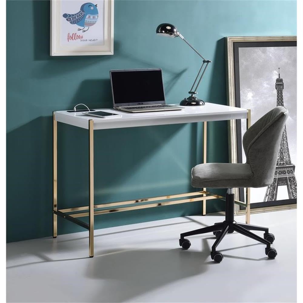 Acme Midriaks Wooden Top Writing Desk with USB Port in White and Gold