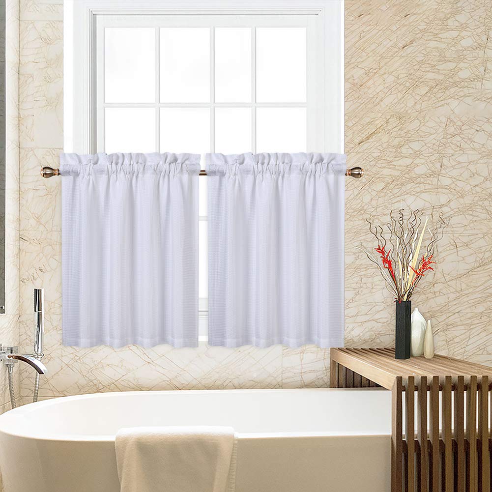 CAROMIO Cafe Curtains 30 Inch Length, Waffle Woven Textured Small Tier Curtains for Kitchen Bathroom Window Curtainss Short, Whi