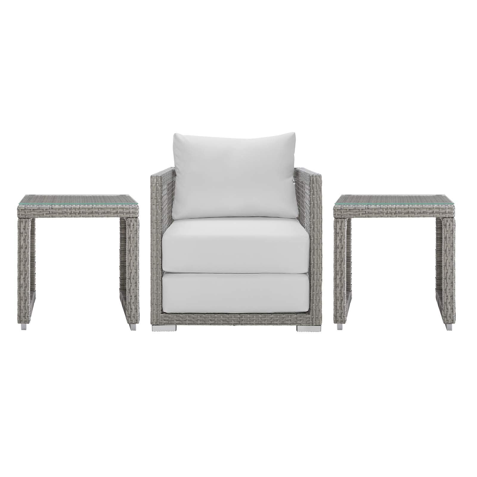 Modway Aura Outdoor Patio Wicker Rattan Armchair And Two Side Tables In Gray White
