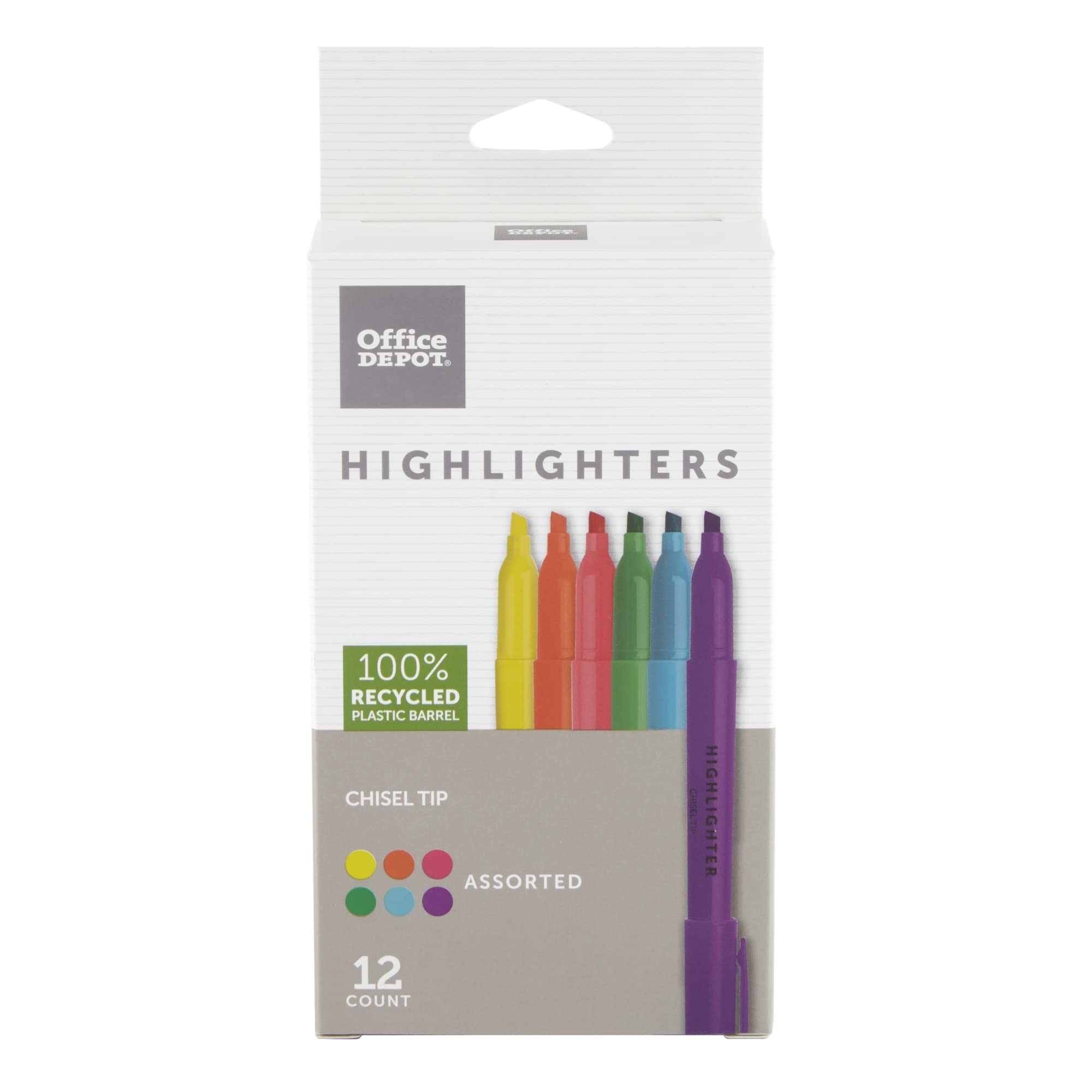 Office Depot 100% Recycled Pen-Style Highlighters, Assorted Colors, Pack Of 12, Hy100200-12Mix