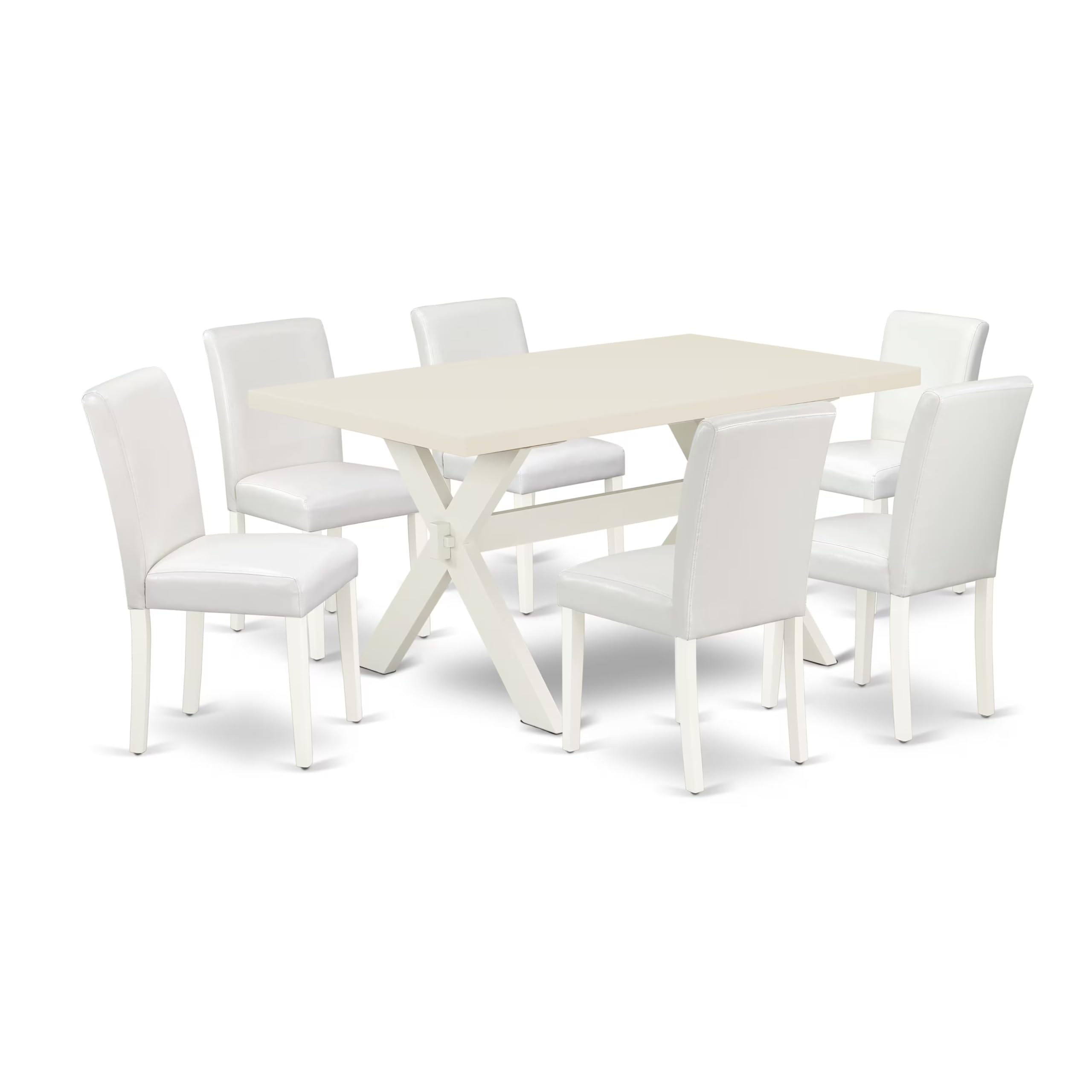East West Furniture X026Ab264-7 7 Piece Kitchen Table Set Consist Of A Rectangle Dining Table With X-Legs And 6 White Faux Leather Parsons Dining Chairs, 36X60 Inch, Multi-Color