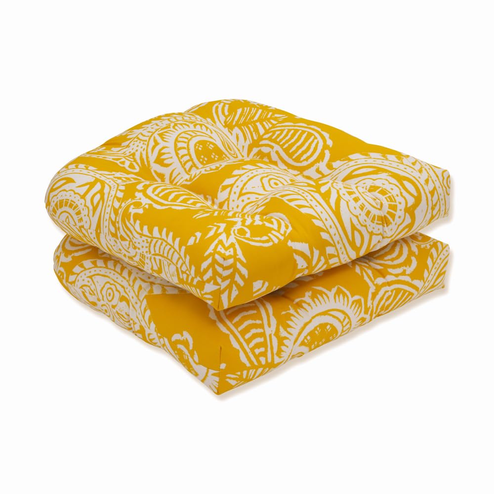 Pillow Perfect Paisley Indoor/Outdoor Chair Seat Cushion, Tufted, Weather, And Fade Resistant, 19' X 19', Yellow/Ivory Addie,
