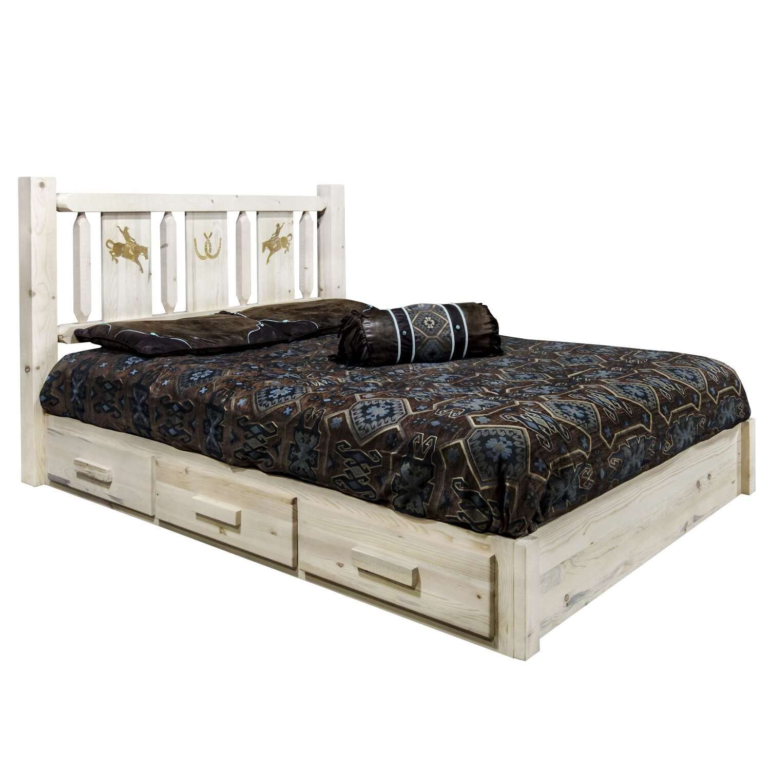 Montana Woodworks Homestead Collection Platform Bed w/Storage, Twin w/Laser Engraved Bronc Design, Clear Lacquer Finish
