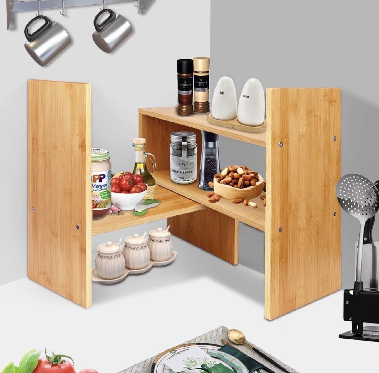 Shailwood Adjustable Desktop Bookshelf, Bamboo Desk Organiser, Free Style Display Rack For Office, Kitchen Counter Top Storage