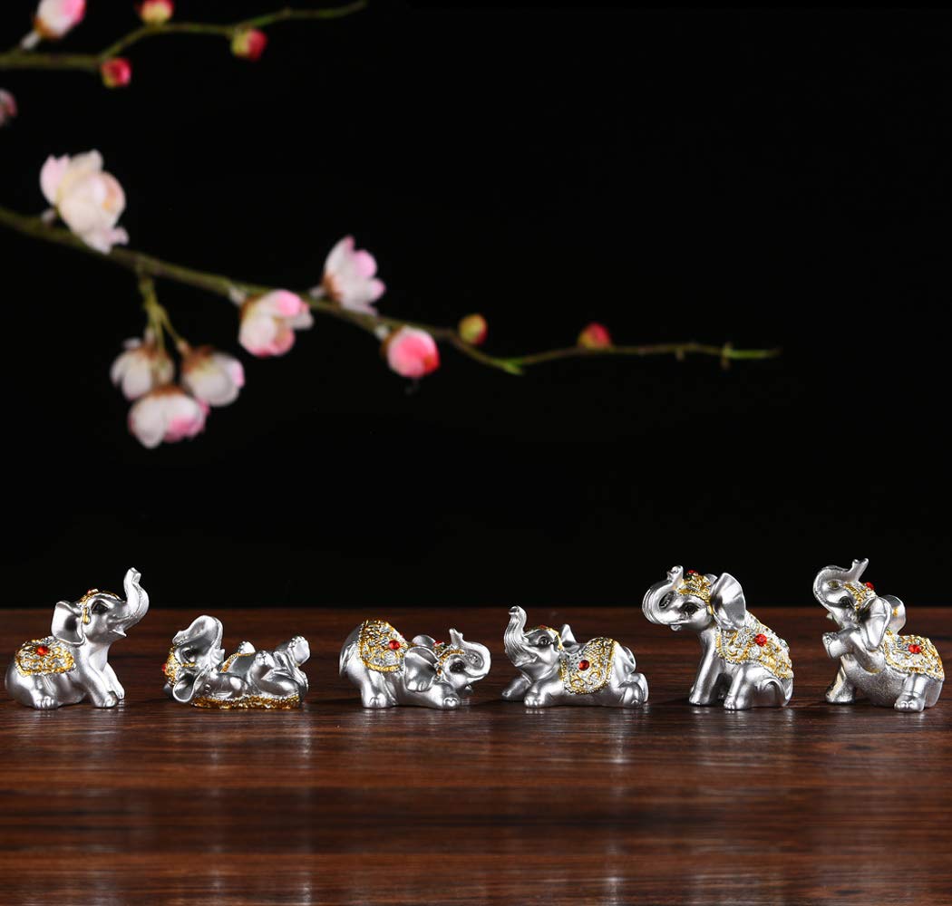Brabud Silver Resin Small Elephants Statues Home Decoration Collection Gift Set Of 6 Bs122 (Silver)