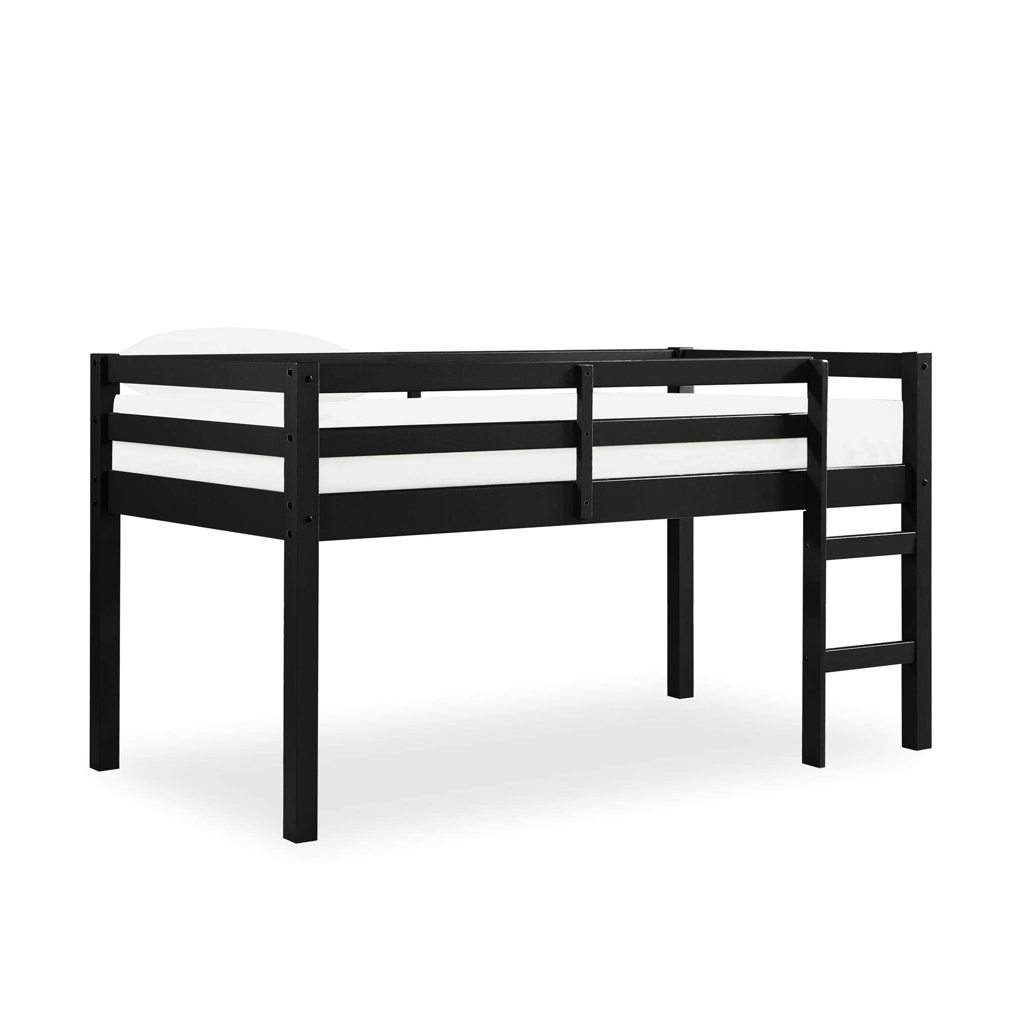 DHP Milton Twin Loft Bed with Safety Guard Rail, Black, Space Saving Junior Size, Pine Wood