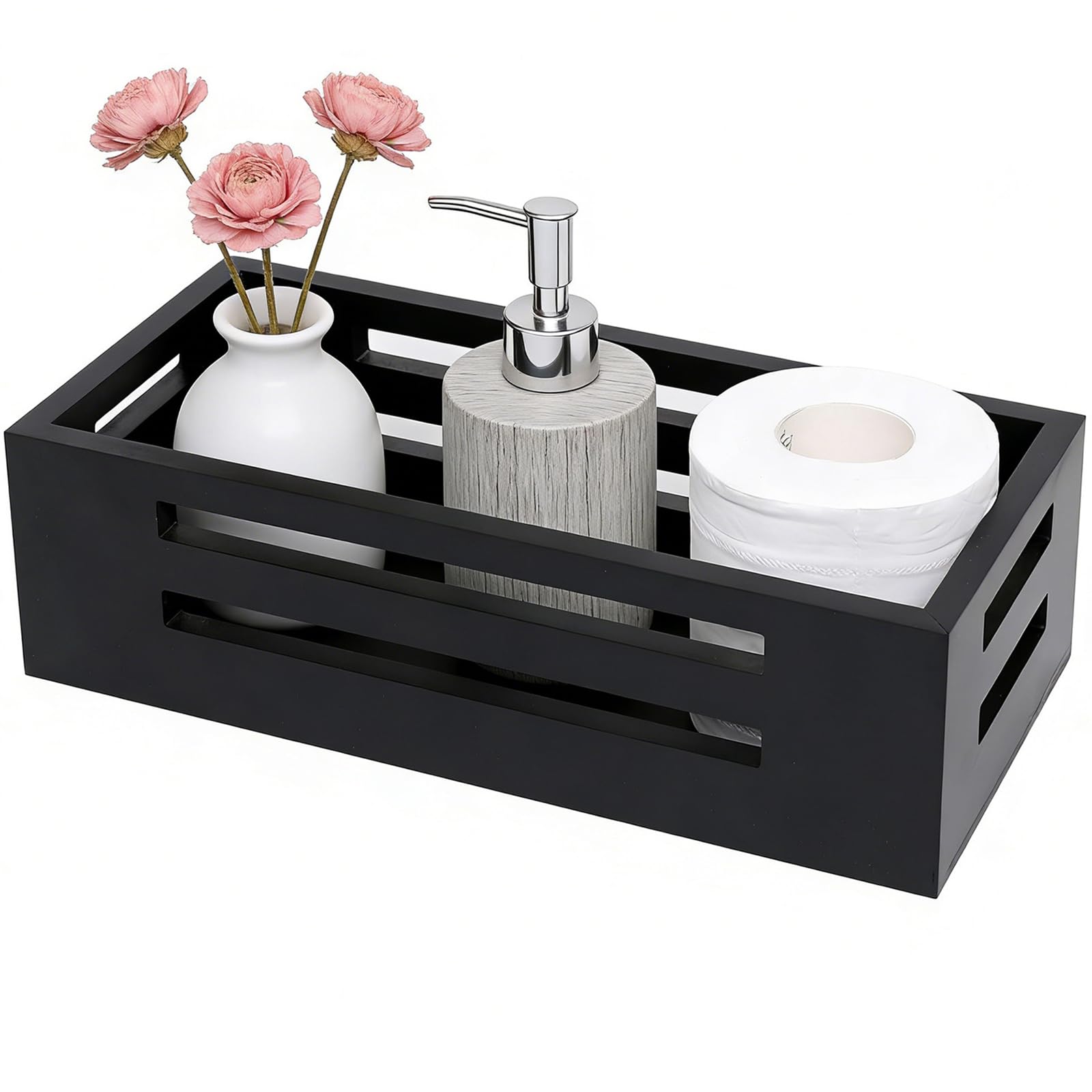Black Bathroom Basket Wooden Toilet Tank Paper Basket with Handles-Black Decor Box-Home&Bathroom Storage Organizer