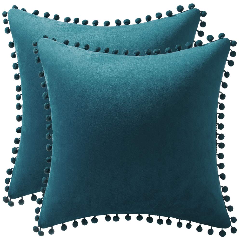 Dezene Throw Pillow Cases 22X22 Teal: 2 Pack Cozy Soft Pom-Poms Velvet Square Decorative Pillow Covers For Farmhouse Home Decor