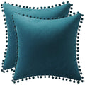 Dezene Throw Pillow Cases 22X22 Teal: 2 Pack Cozy Soft Pom-Poms Velvet Square Decorative Pillow Covers For Farmhouse Home Decor