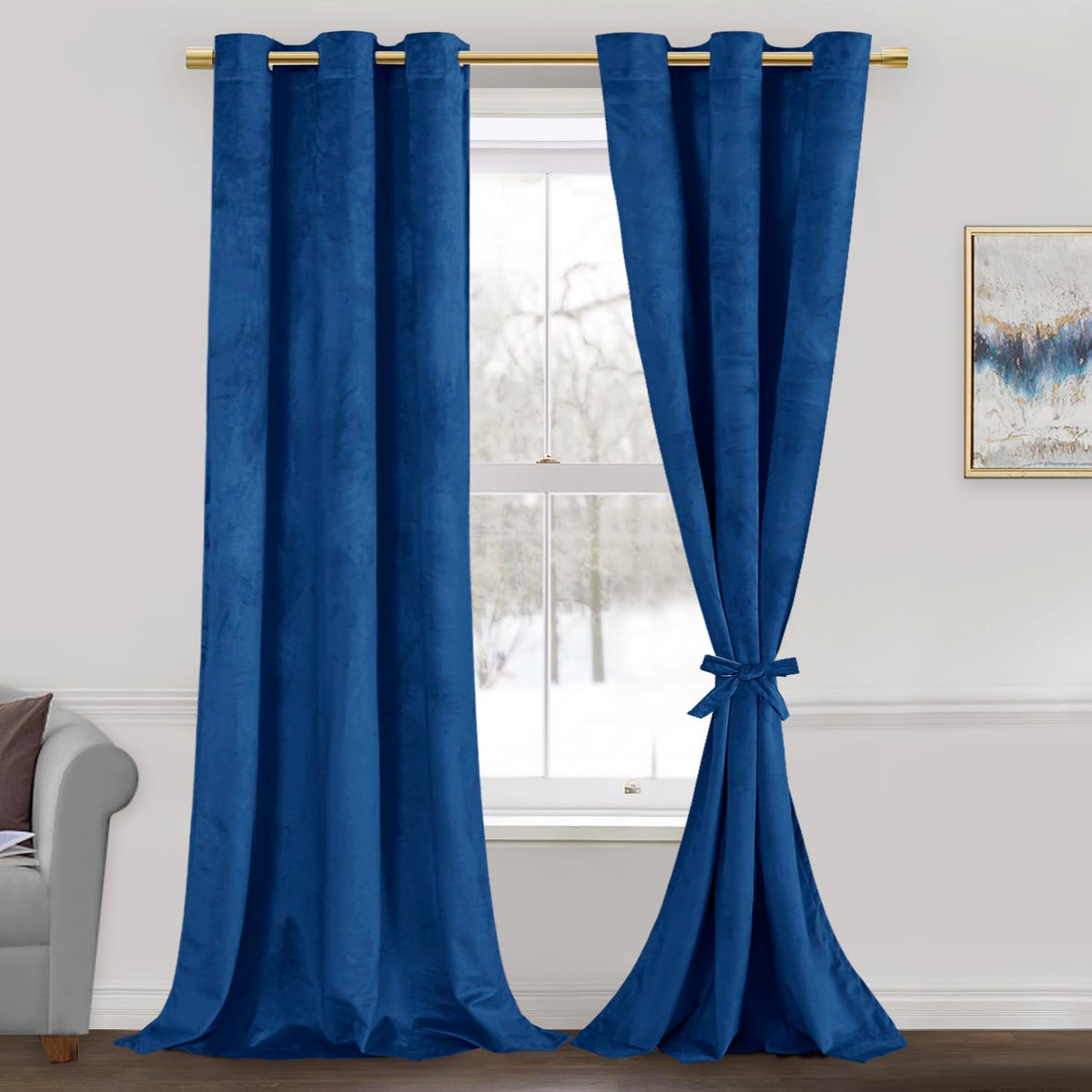 Jiuzhen Blue Velvet Curtains 84 Inches Blackout Curtains For Living Room - Privacy Protect Room Darkening Grommet Thick Velvet W