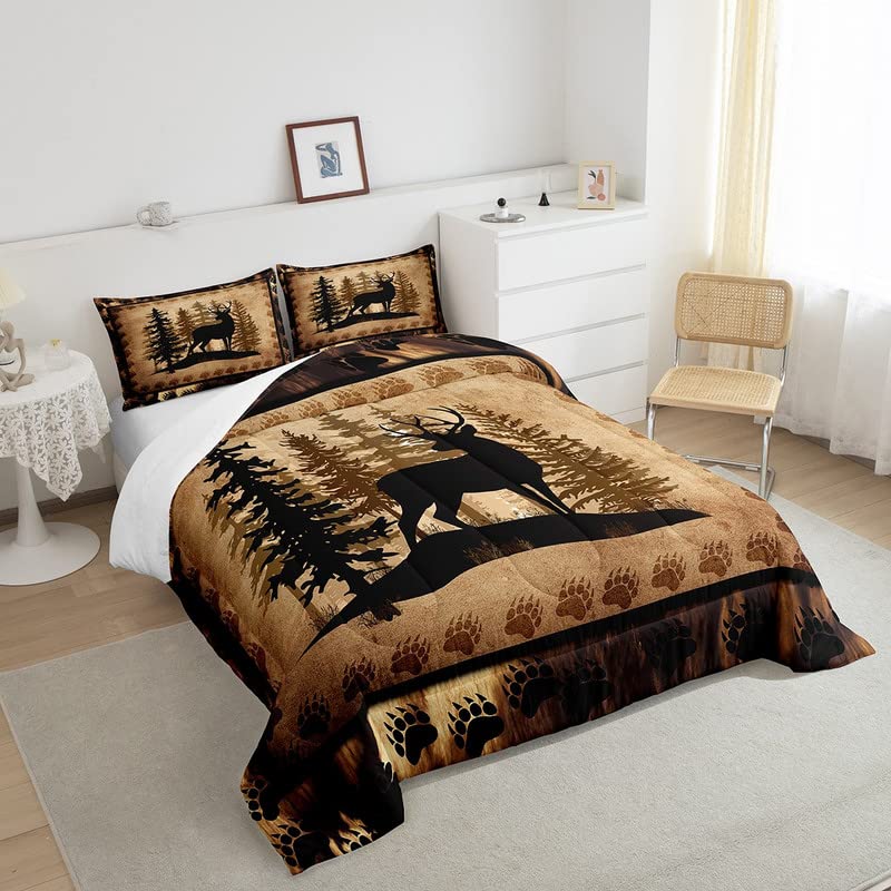 Feelyou Cute Deer Comforter Set For Girls Boys Kids Deer Hunting Bedding Set Room Decorative Rustic Bear Paw Print Bedding Set C
