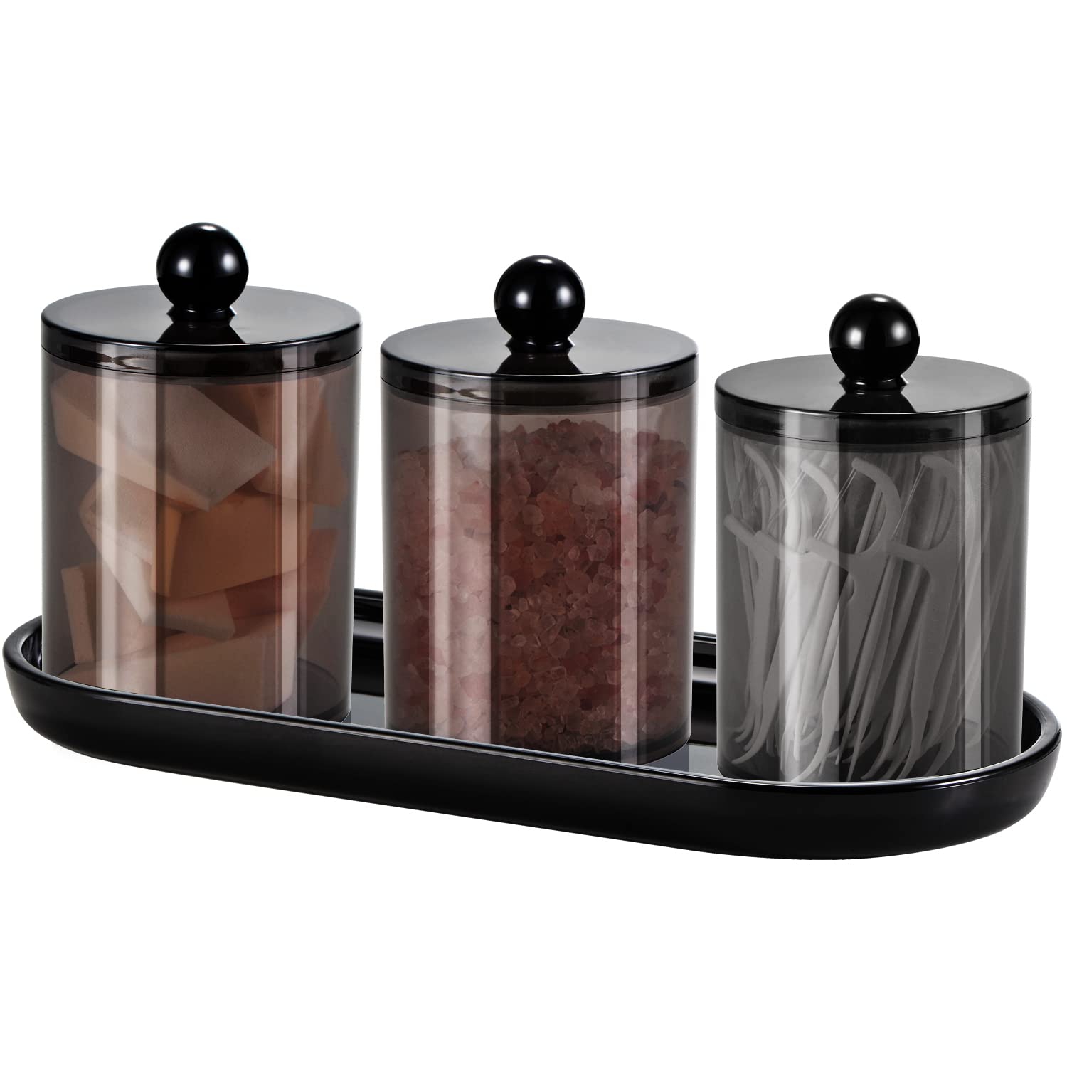 Qtip Holder Bathroom Set with Tray(4PCS) - 3 Pack Acrylic Plastic Apothecary Jars Qtip Dispenser Canister with Lid and Labels, 1