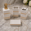 Store2508 White & Beige Gold Geometric Border Design 4 Piece Ceramic Bathroom Accessories Set with Soap Dispenser, 2 Tumblers &