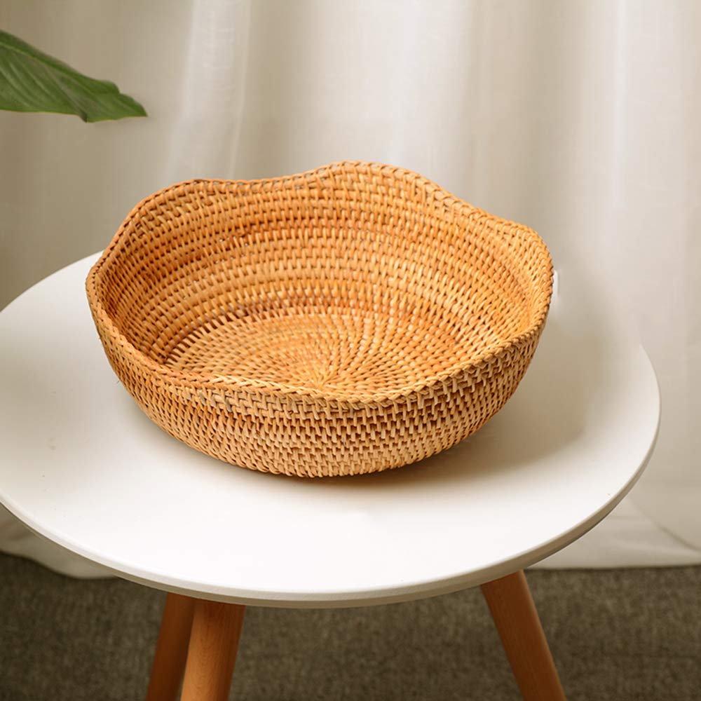 Set Of 2 Hand-Woven Basket Bowls, Round Wicker Serving Tray Fruit Bowl, Bread Basket Set, Food Storage Bowls, Rattan Tray For Co
