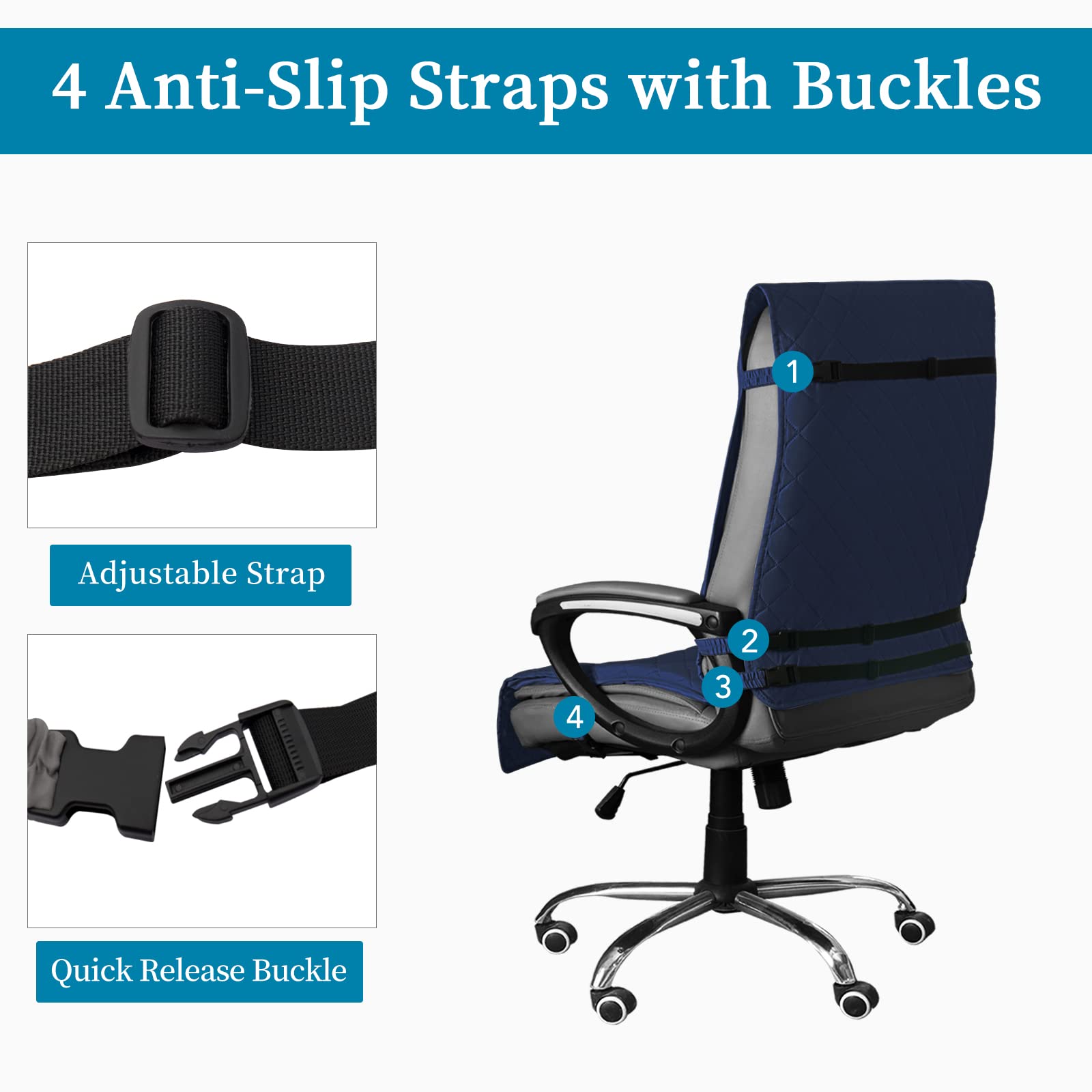 Easy-Going Quilted Microfiber Office Chair Cover With Soft Memory Foam Seat Cushion Water Resistant Desk Computer Chair Slipcover Anti-Slip Chair Protector (Medium, Navy)