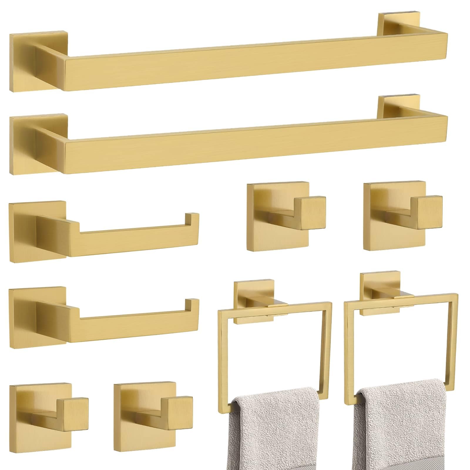 TNOMS Brushed Gold 10 Pieces Bathroom Hardware Accessories Set Towel Bar Set Towel Holder&Racks Set for Bathroom,SUS304 Stainles