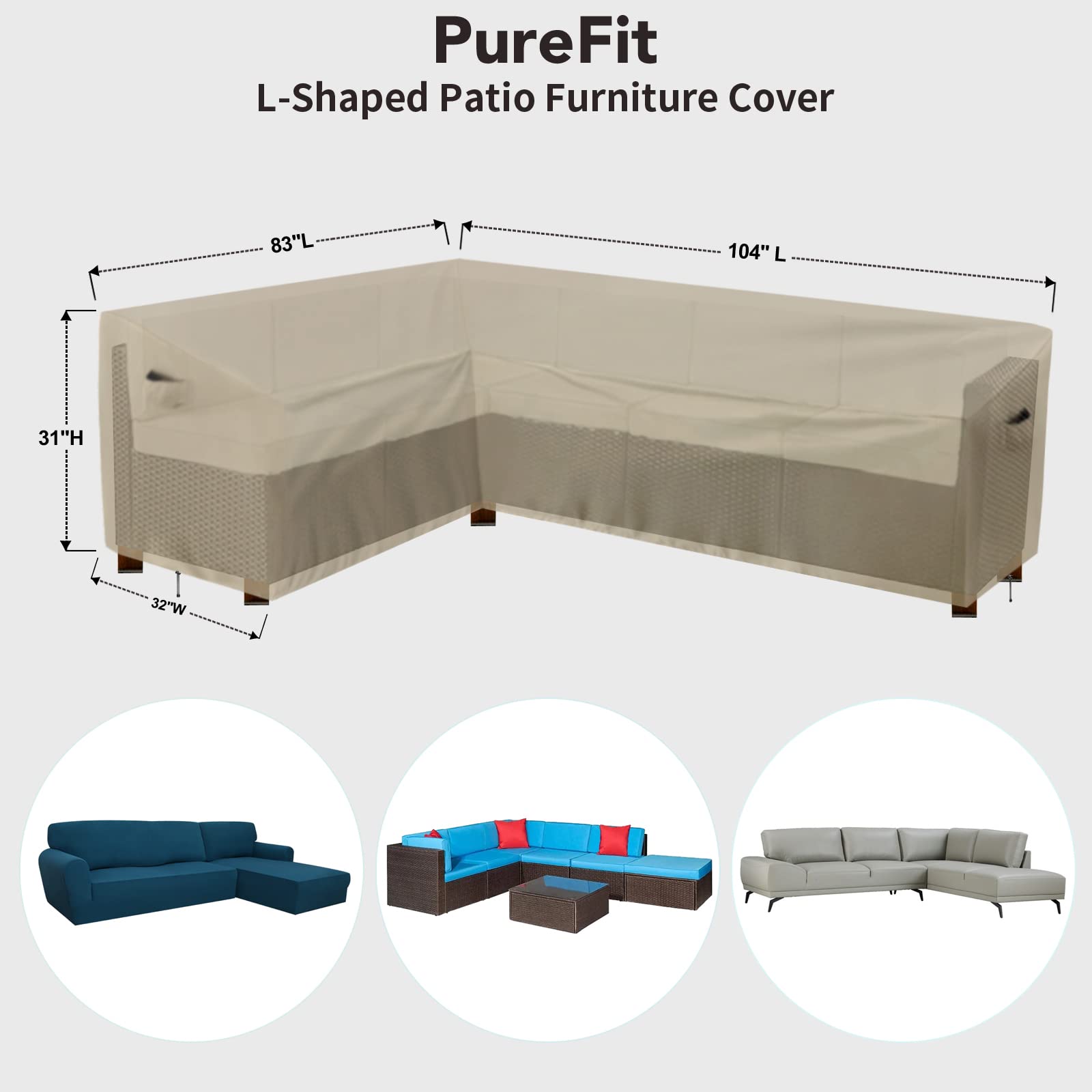 Purefit Outdoor Sectional Sofa Cover Waterproof L Shaped Patio Furniture Covers For Deck, Lawn And Backyard, 83”X104” Left Facing, Camel