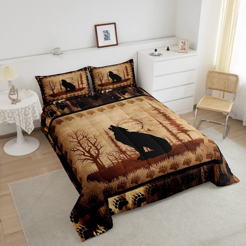 Feelyou Cute Wolf Comforter Set For Girls Boys Kids Wolves Howling Bedding Set Room Decorative Animal Wolves Tree Pattern Beddin