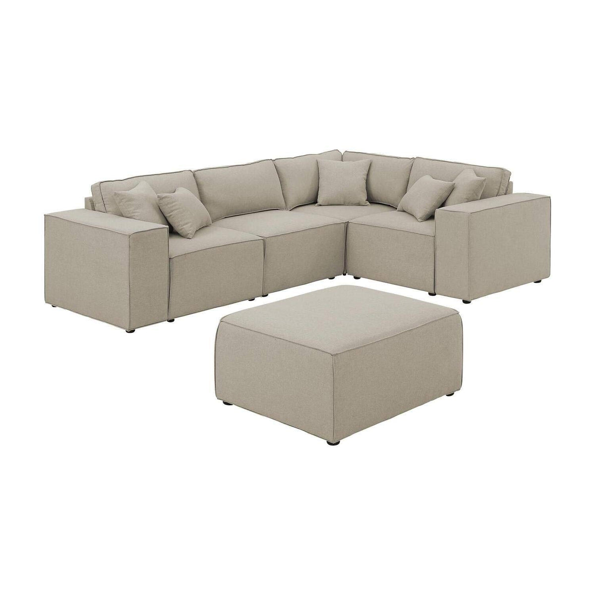 Lilola Home Melrose Modular Sectional Sofa with Ottoman in Beige Linen