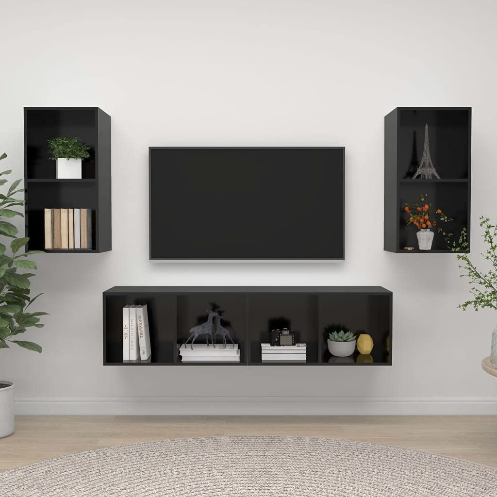 vidaXL Modern Wall-Mounted TV Stands in High Gloss Black, Engineered Wood, Set of 4, Home Storage and Display Cabinets