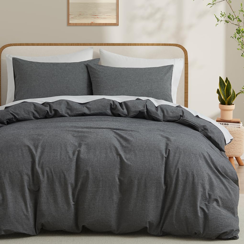 Lovque Dark Grey Duvet Cover Full Size, 100% Washed Cotton Linen Like Bedding Set With Zipper Closure (No Comforter), 80X90 Inch