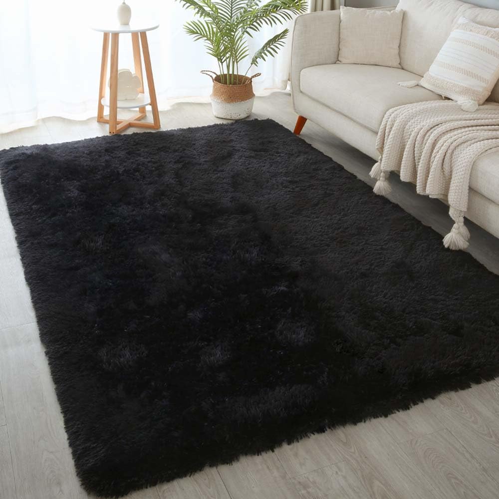 KCHOWUA 5x8 Rug for Living Room Black Fluffy Rugs for Bedroom Aesthetic Plush Machine Washable Rug for Dorm Soft Shag Area Rugs 
