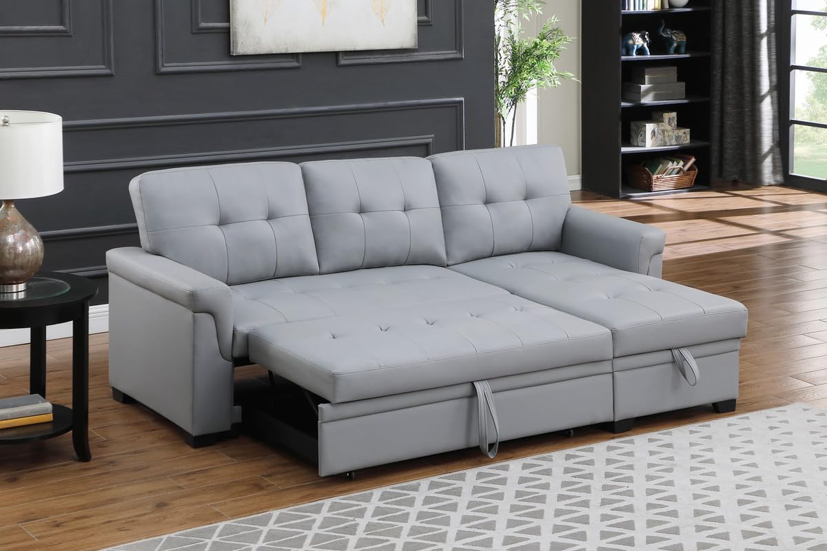 Lilola Home Lexi 83.5&quot; W Gray Vegan Leather Modern Reversible Sleeper Sectional Sofa with Storage Chaise