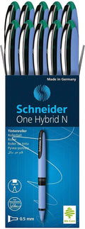Schneider One Hybrid N Rollerball Pen, 0.5 Mm Hybrid Needle Tip, Light Blue Barrel, Green Ink, Box Of 10 Pens (183504)