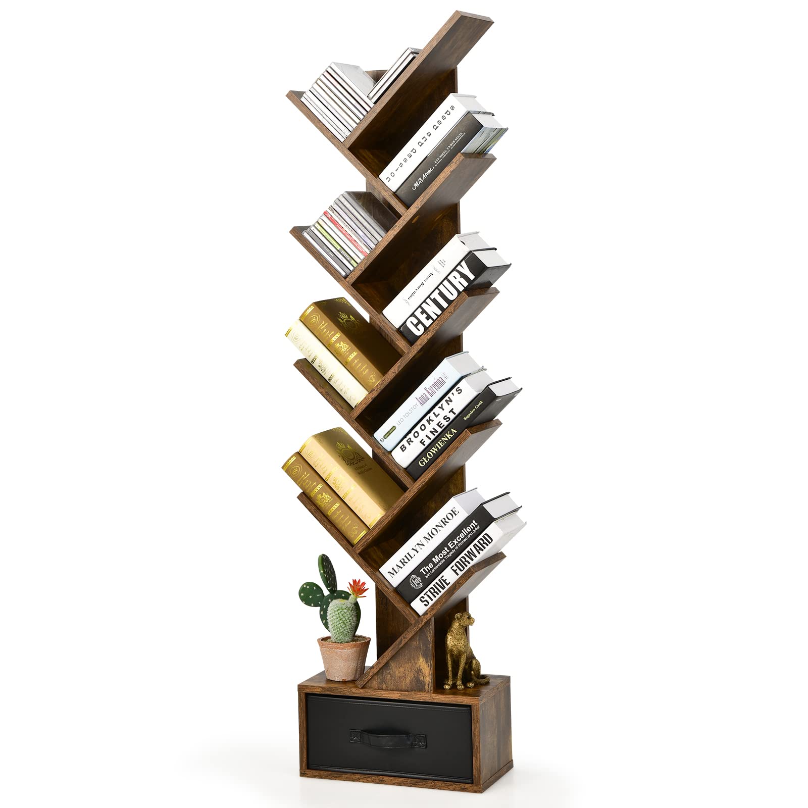 Tangkula 10 Tier Tree Bookshelf With Drawer, Floor Standing Storage Rack For Cds, Movies & Books, Display Utility Shelves For Bedroom, Living Room & Home Office (Rustic Brown, 10 Tier)
